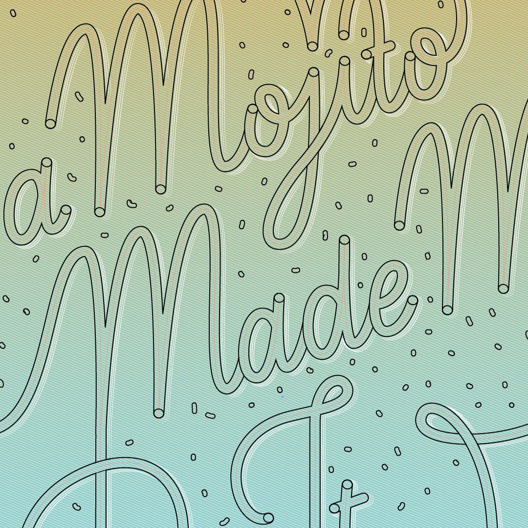 Close-up of cursive text on a pale green background reading “Mojito” and “Made!”
