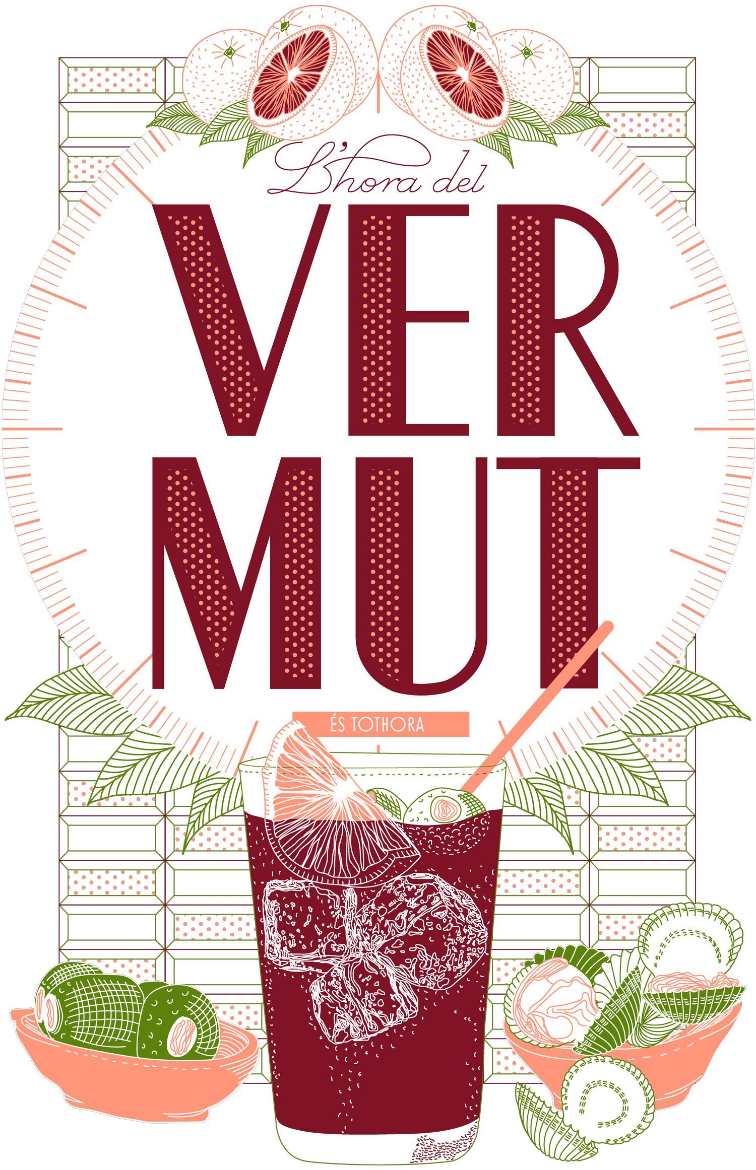 Vermut label with bold red text, wine glass, citrus slices, and botanical decorations on a white background