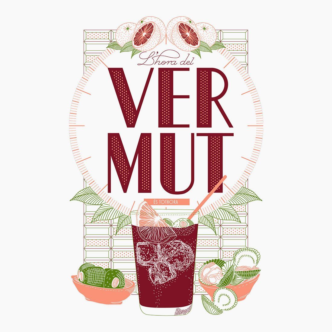Festive Vermut poster with a red drink, herbs, and citrus accents on a white background