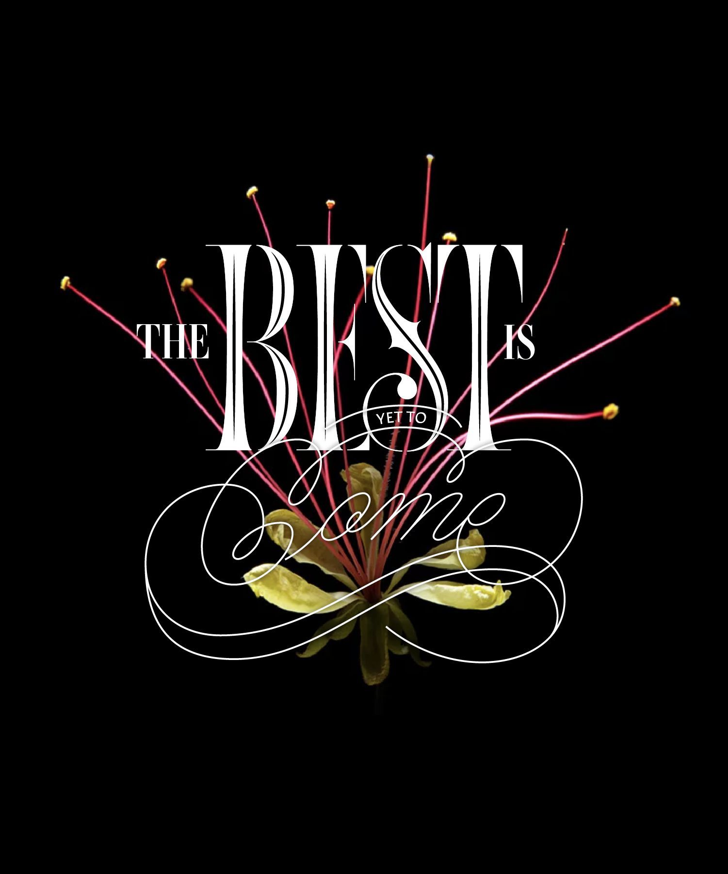 Elegant black graphic with “The Best Is Yet to Come” in white and gold script with floral accents