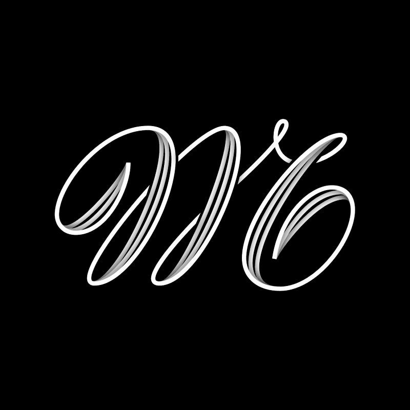 A white, stylized, cursive monogram consisting of the intertwined letters