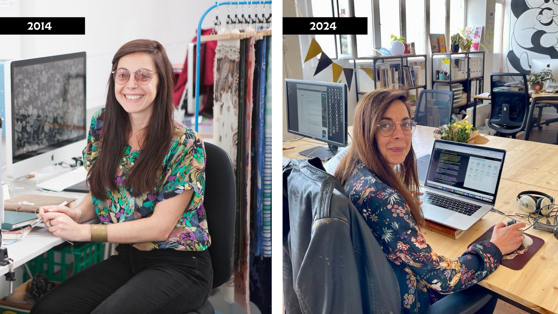 Side-by-side comparison of a professional workspace in 2014 and 2024, featuring a person working at a desk in both eras.