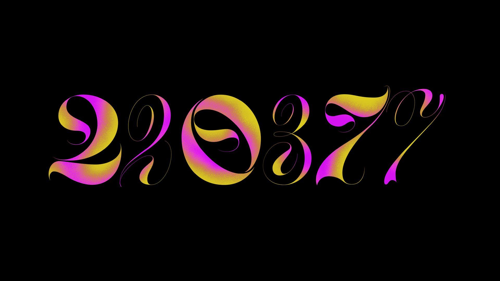 Stylized pink, orange, and purple “22/03/77” text on a black background