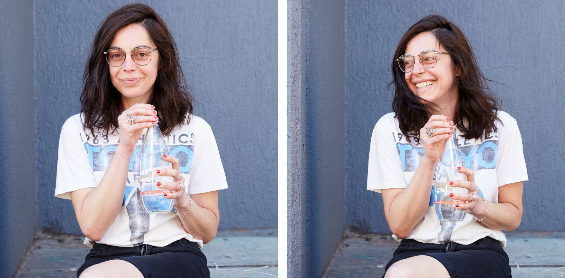 Woman with glasses holding a can in two side-by-side poses against a plain blue background.