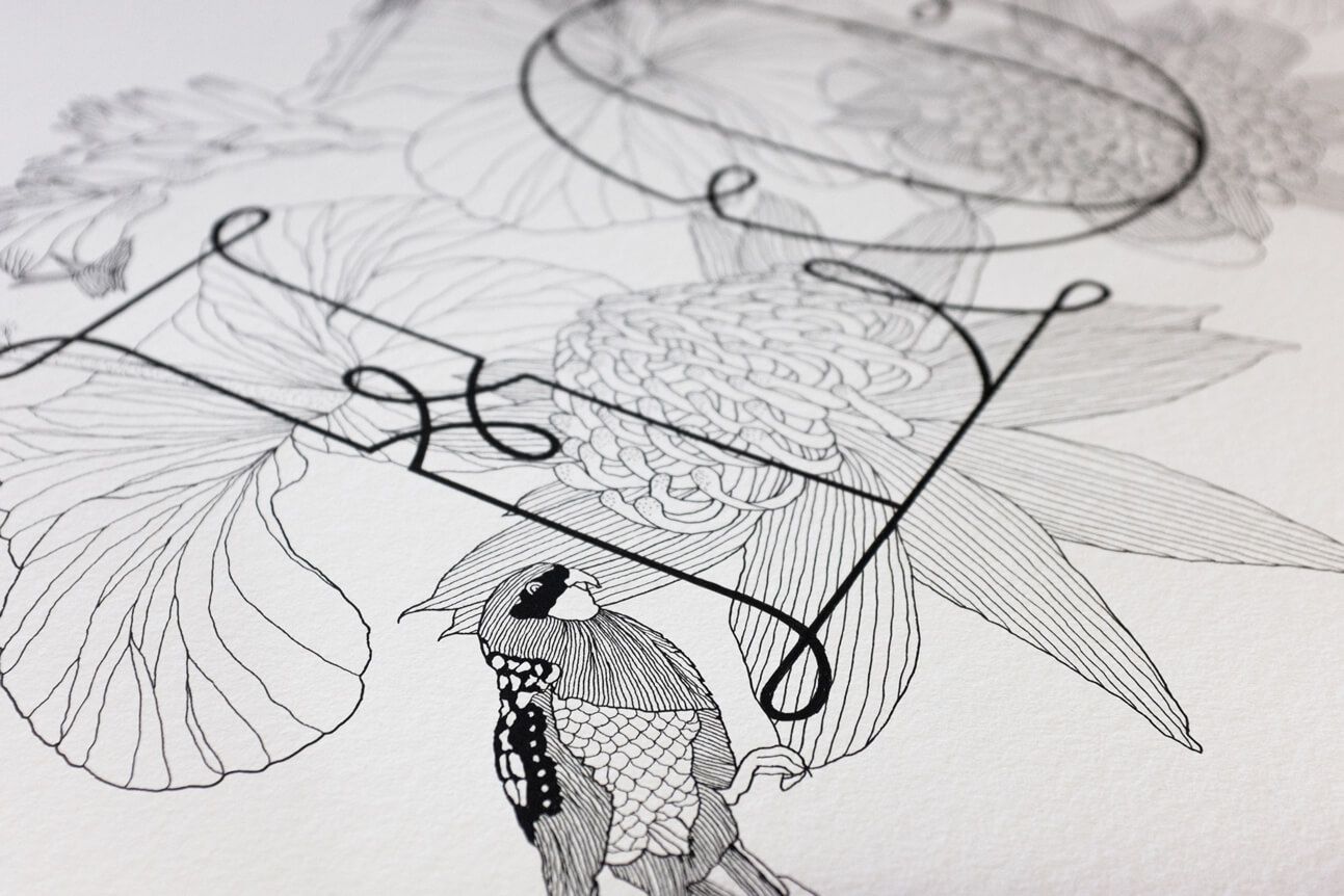 Black-and-white sketch of a butterfly and delicate floral line drawings on paper