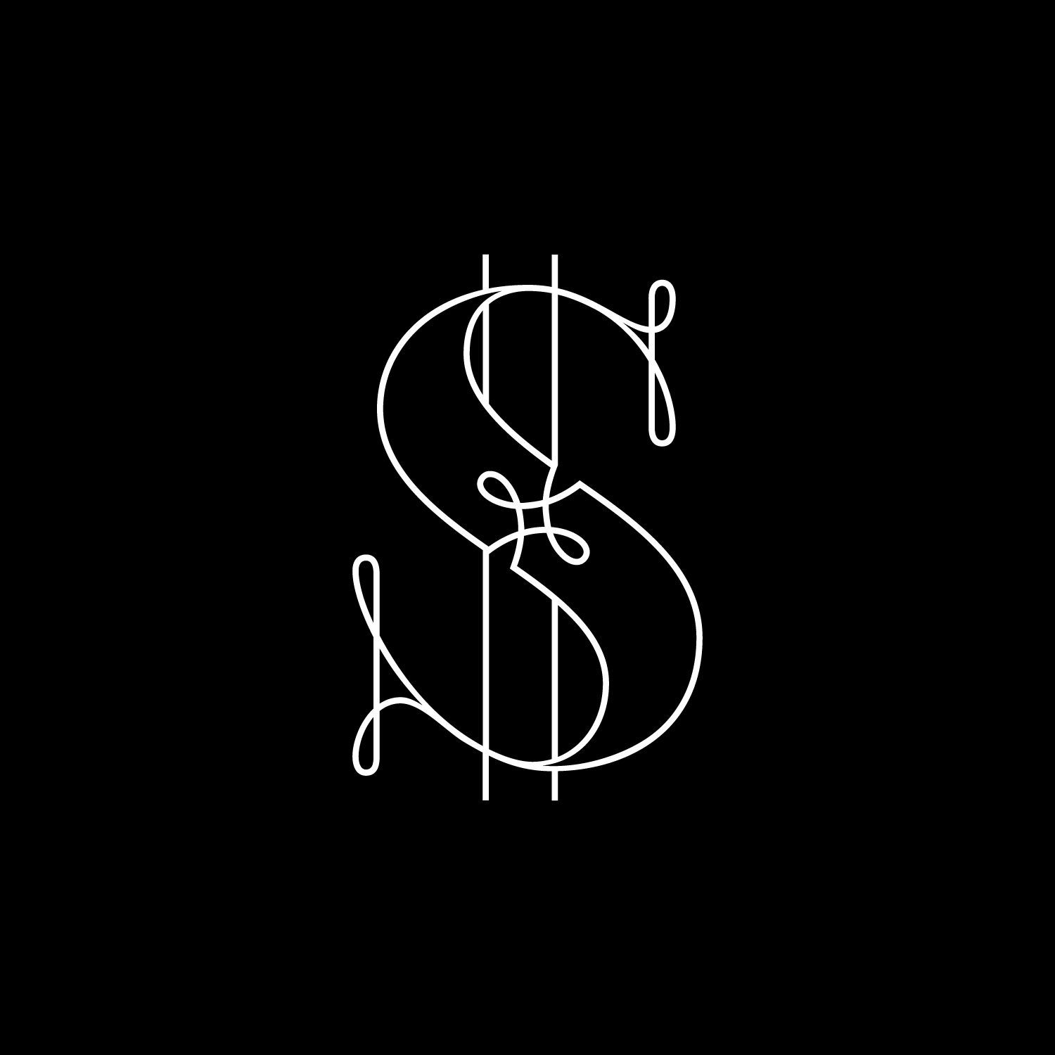 White stylized dollar sign on a black background.