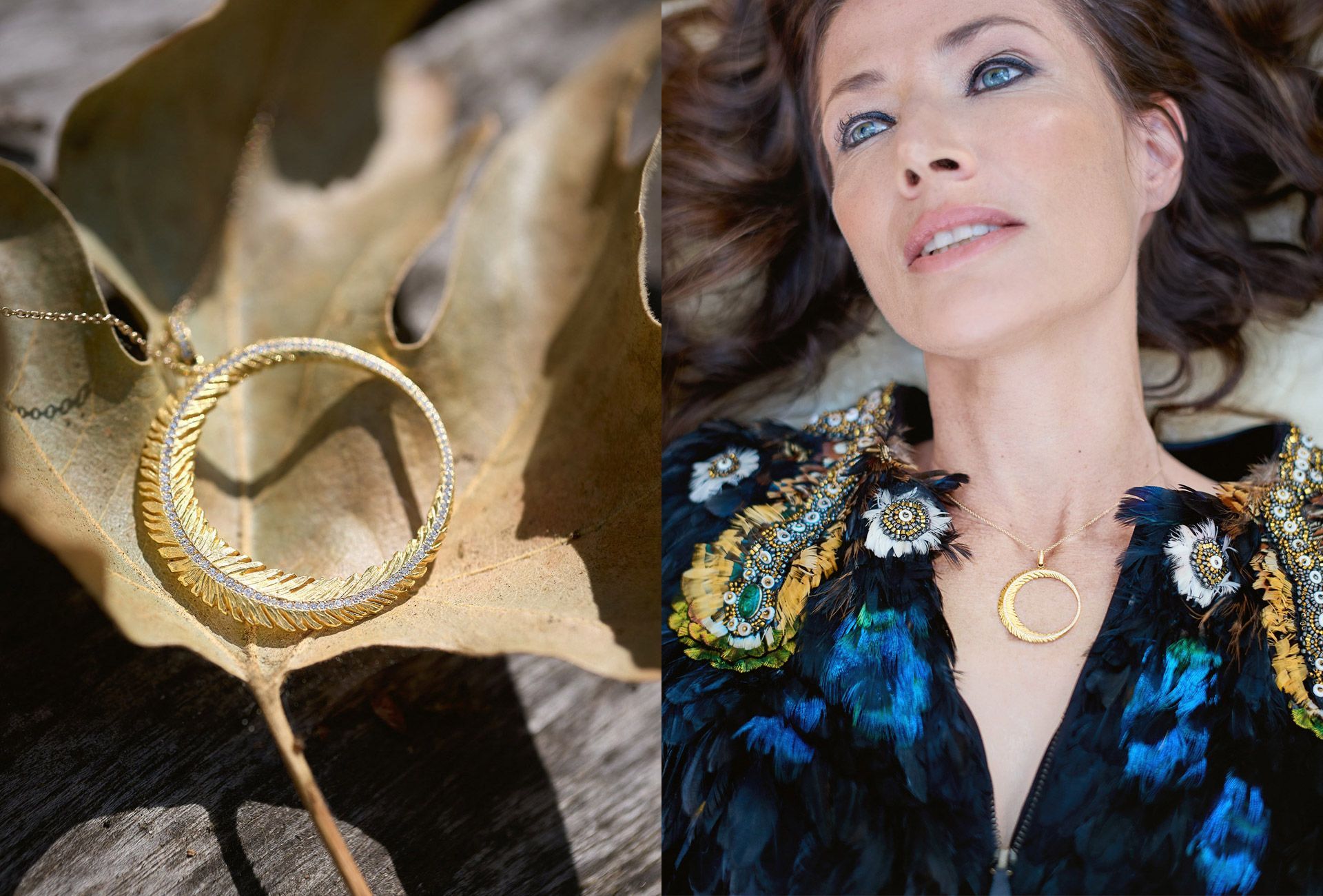 A gold crescent moon pendant shown on a dry leaf and worn as a necklace by a person in a blue feathered garment.