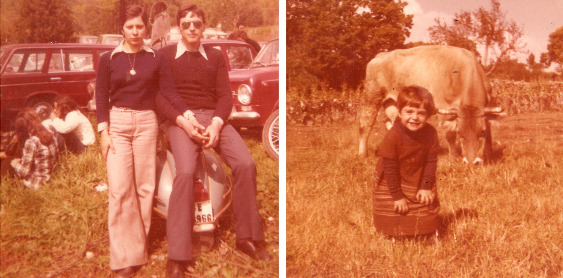 Two-part vintage photo: a couple posing by a scooter and car, and a child kneeling in a field near a cow.