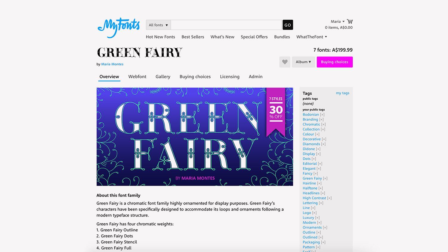 Music store webpage featuring the album cover for “Green Fairy” in blue and purple tones