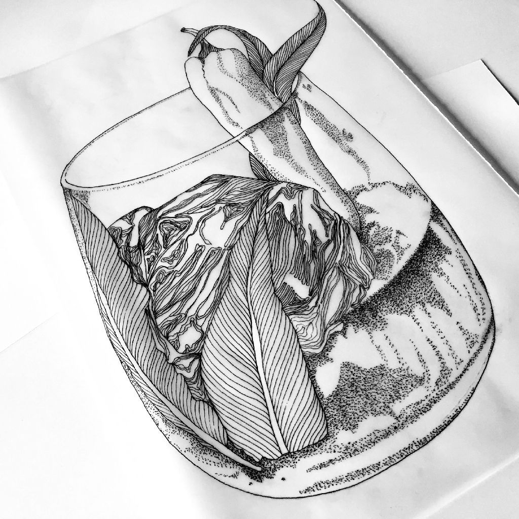 Line drawing of several strawberries, whole and sliced, on a white background