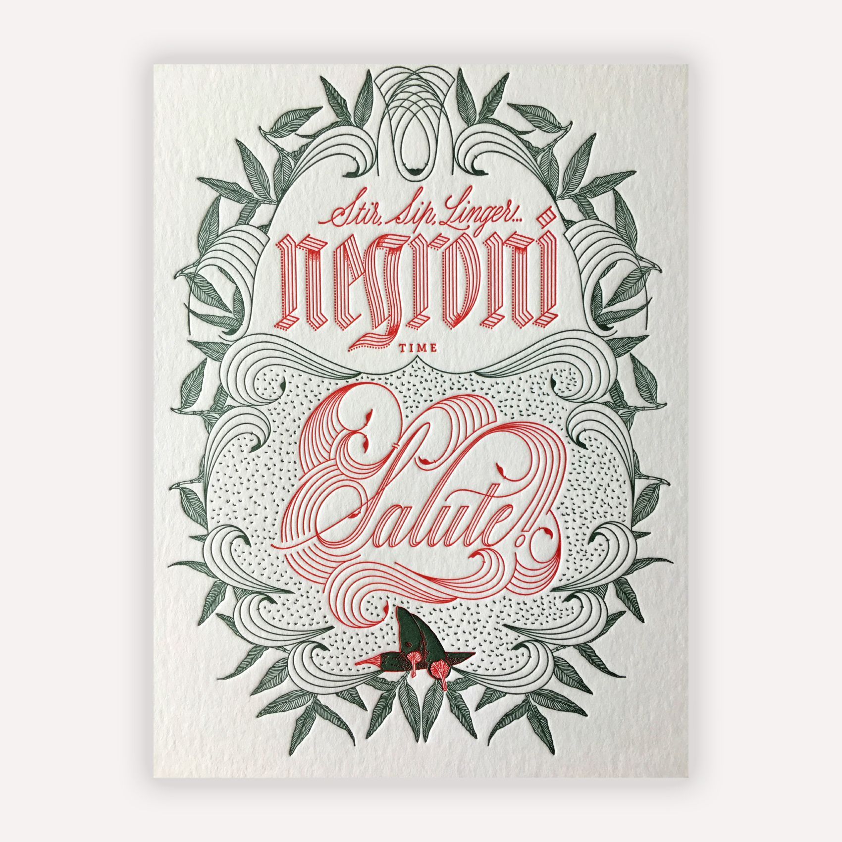 Decorative holiday card with red script text, green wreath border, and holly accents on a white background