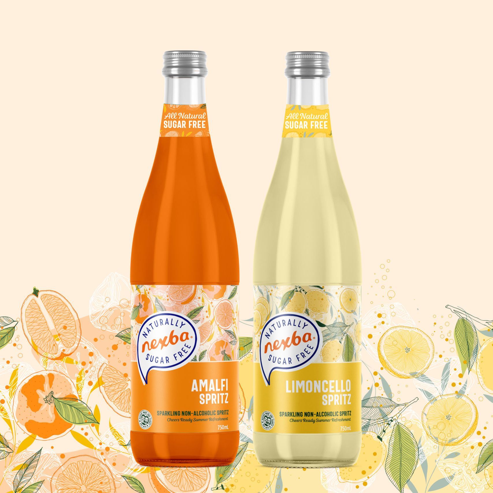 Two bottles of Nexba sugar-free spritz, Amalfi Spritz (orange) and Limoncello Spritz (yellow), set against a citrus art.