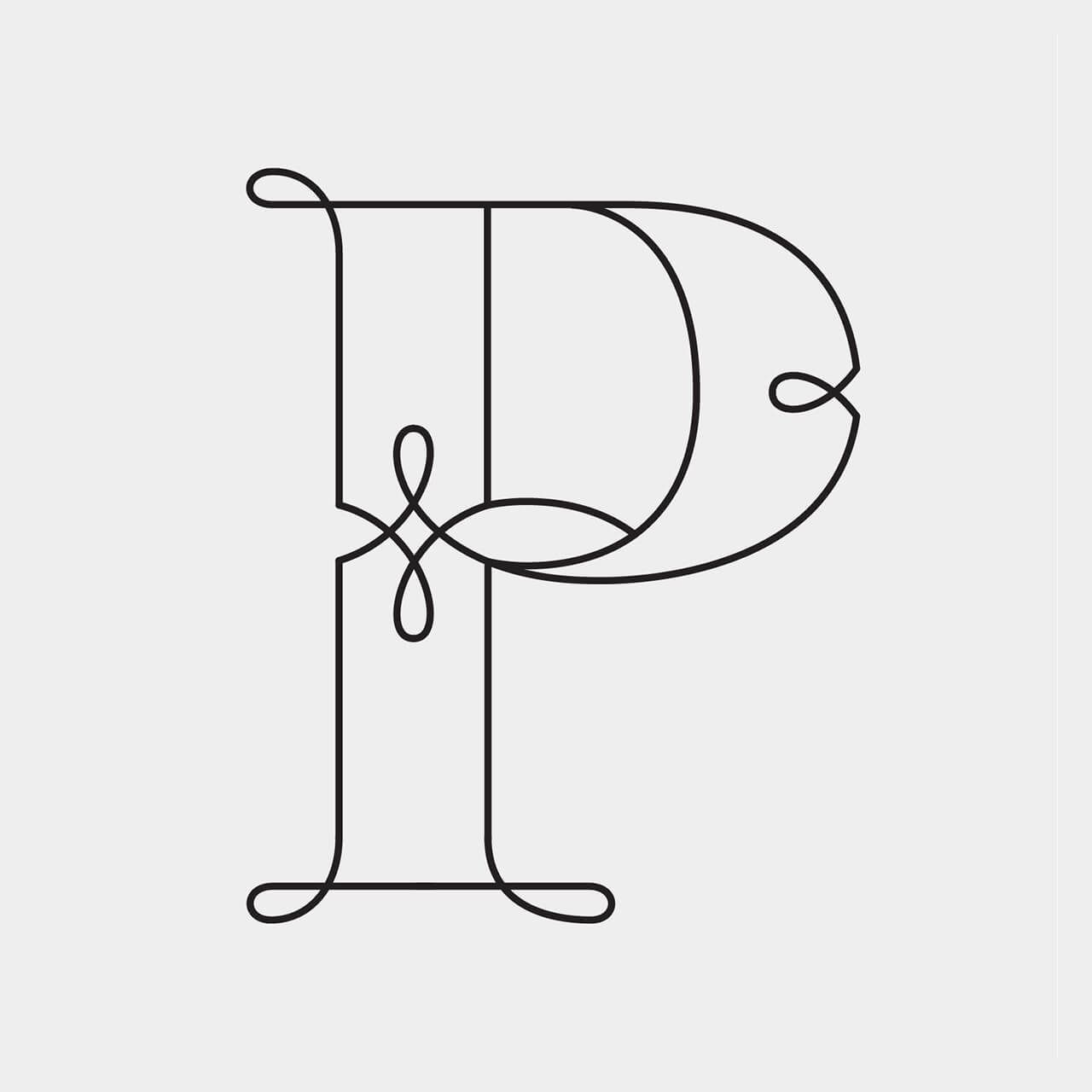 Green Fairy Font. Decorative monogram letter P in thin black line art on a light gray background