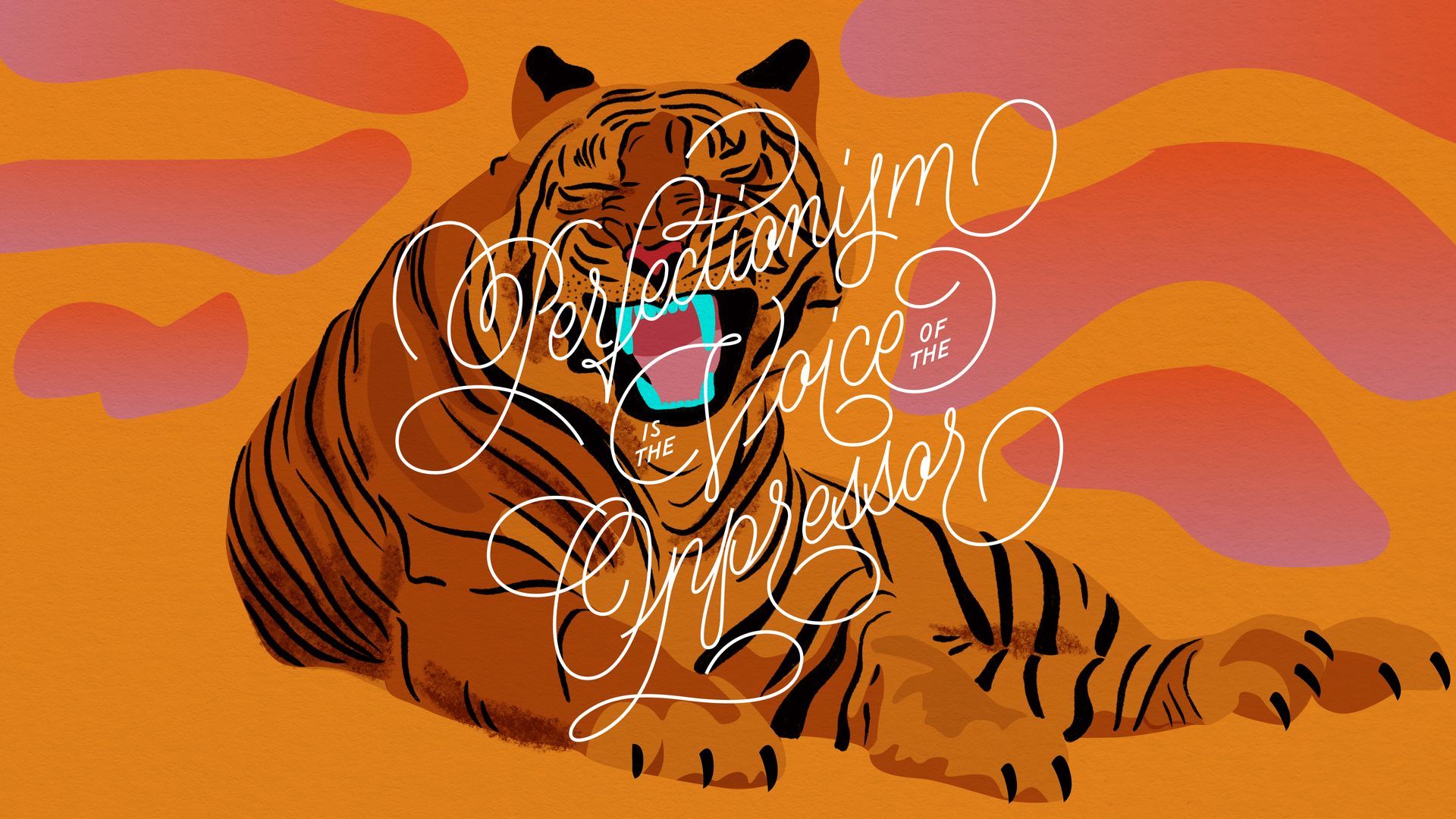 Tiger lying on orange background with white scribbles over its face and body