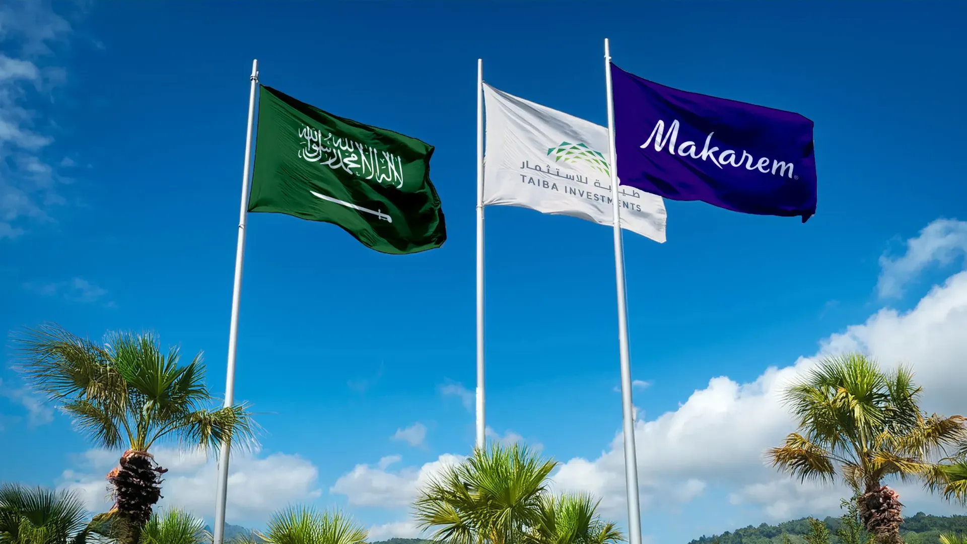Two tall flags, green and purple, flutter against a bright blue sky with palm trees below.