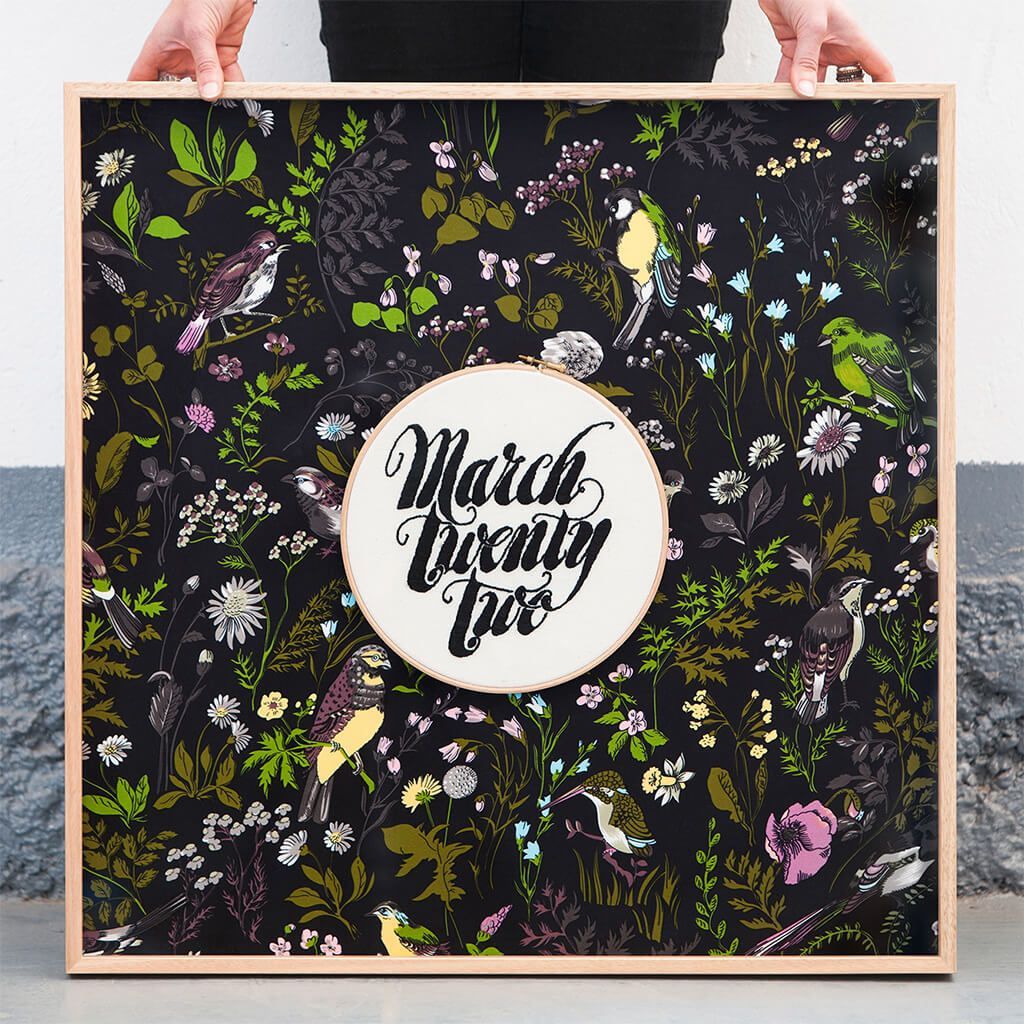 Framed black floral print with a round “March Beauty Box” label in the center.