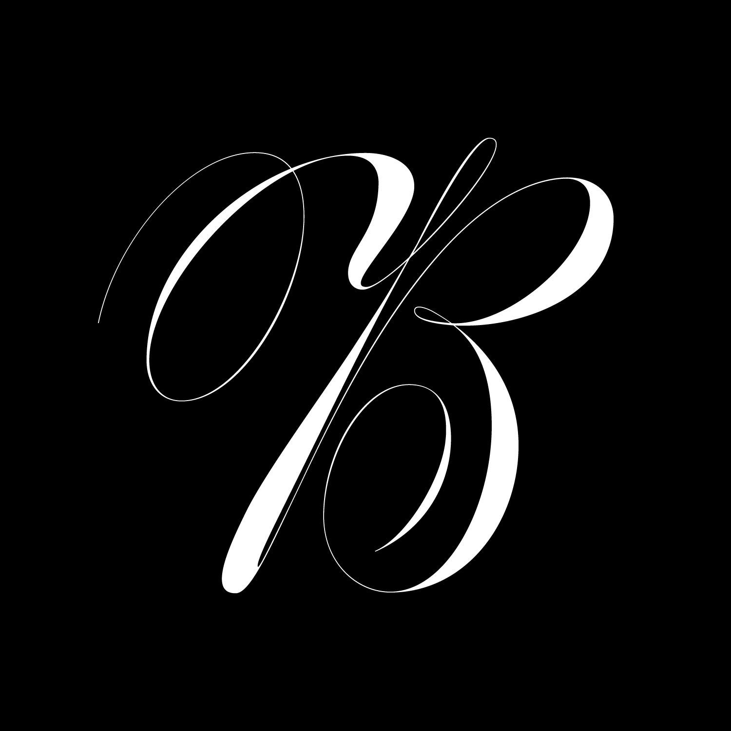 Elegant white cursive letter B on a black background