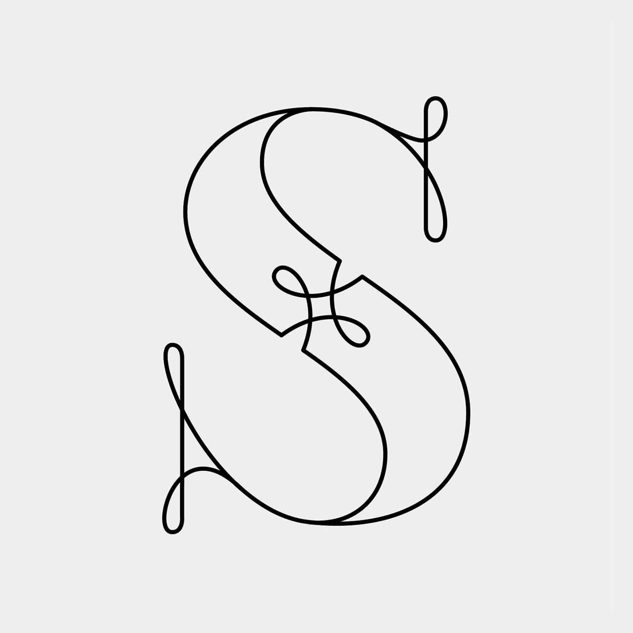 Green Fairy Font. Thin black line art letter “S” with decorative curls on a white background