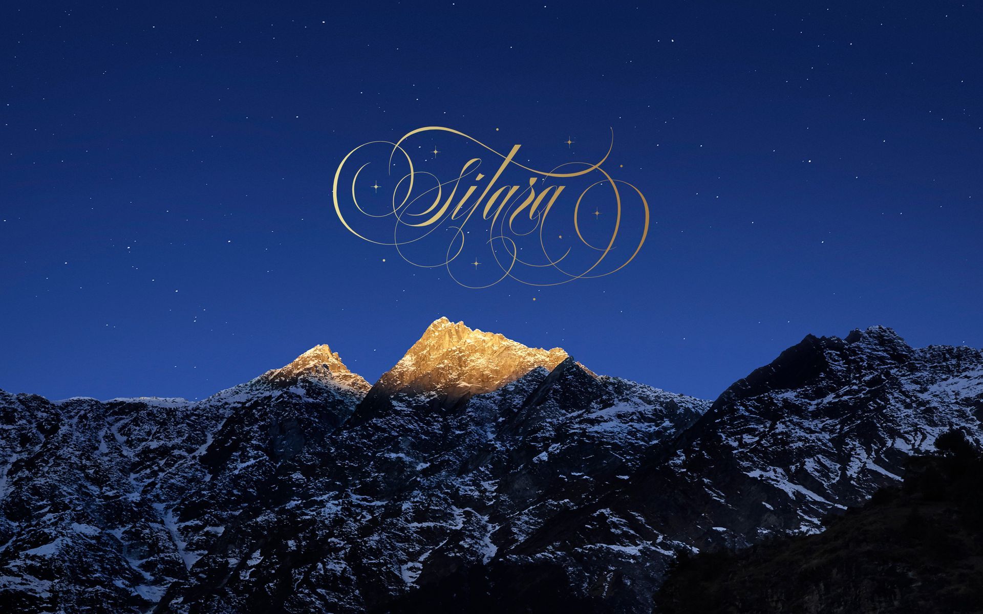 Snowy mountain peaks under a starry blue sky with elegant gold script reading “Sofia” above.