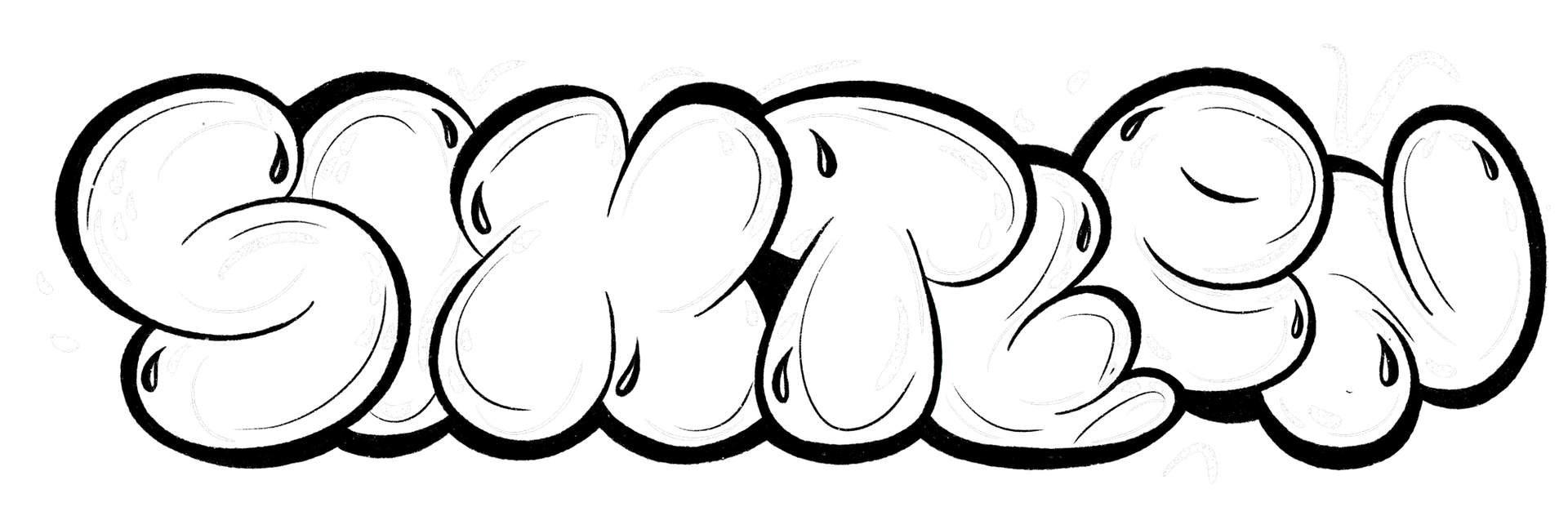 Black-and-white bubble graffiti letters outlined in black on a white background