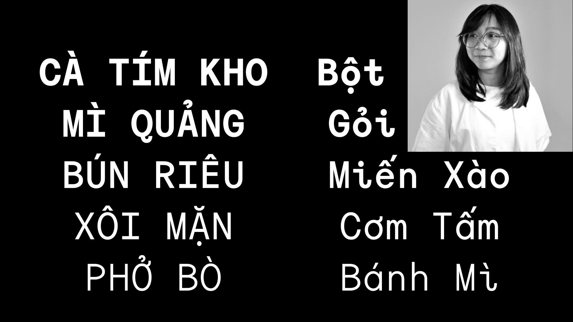 Vietnamese food menu text with a small black-and-white portrait in the corner.