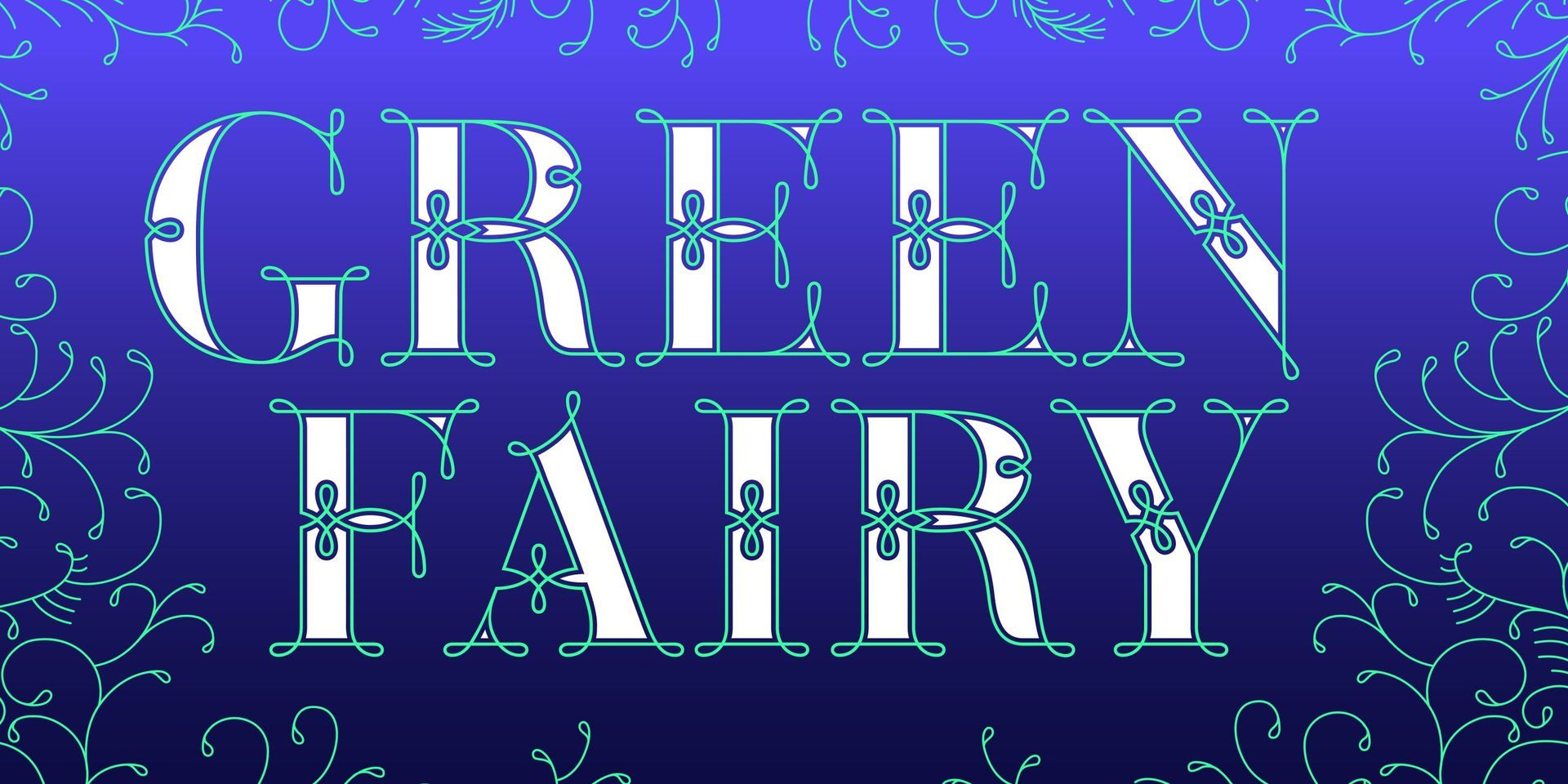 Stylized white text “GREEN FAIRY” on a blue-purple background with swirls and sparkles.