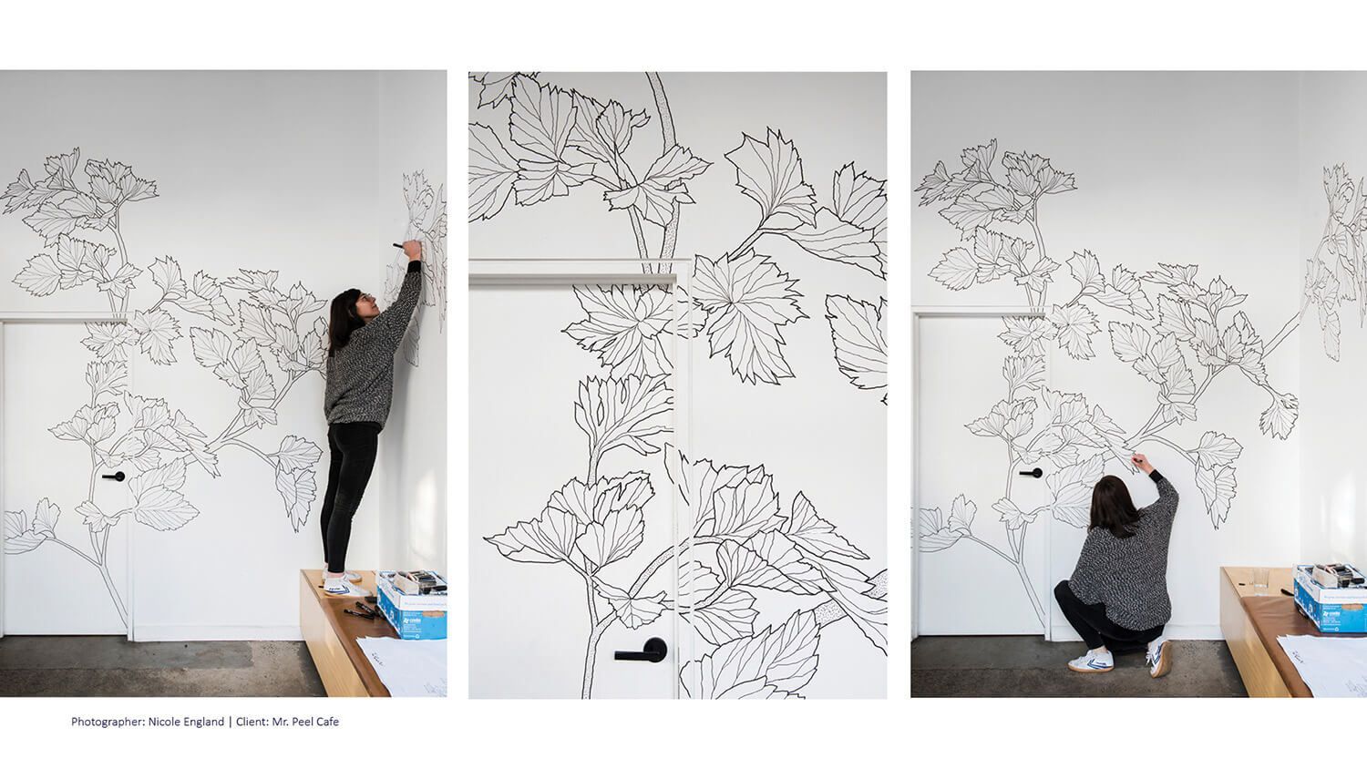 Three-panel photo of Maria Montes painting a large black line mural on a white wall