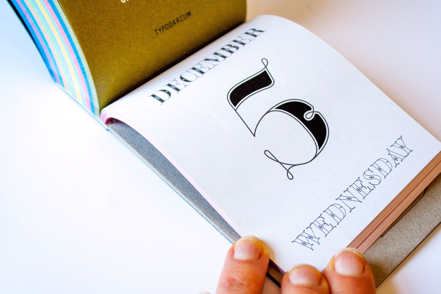 Close-up of a hand flipping a book page with a large black number 5 on a white page and gold cover.