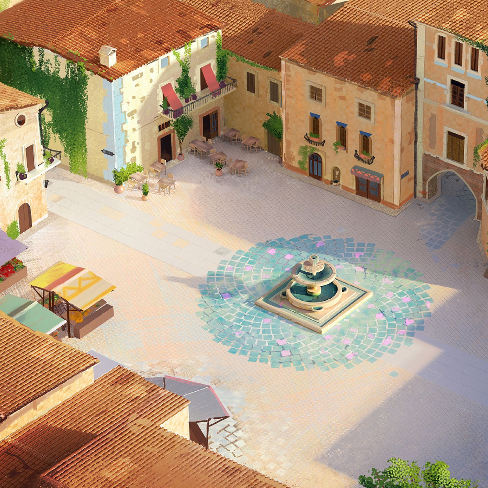 Sunlit village square with a central fountain, terracotta buildings, and colorful umbrellas.