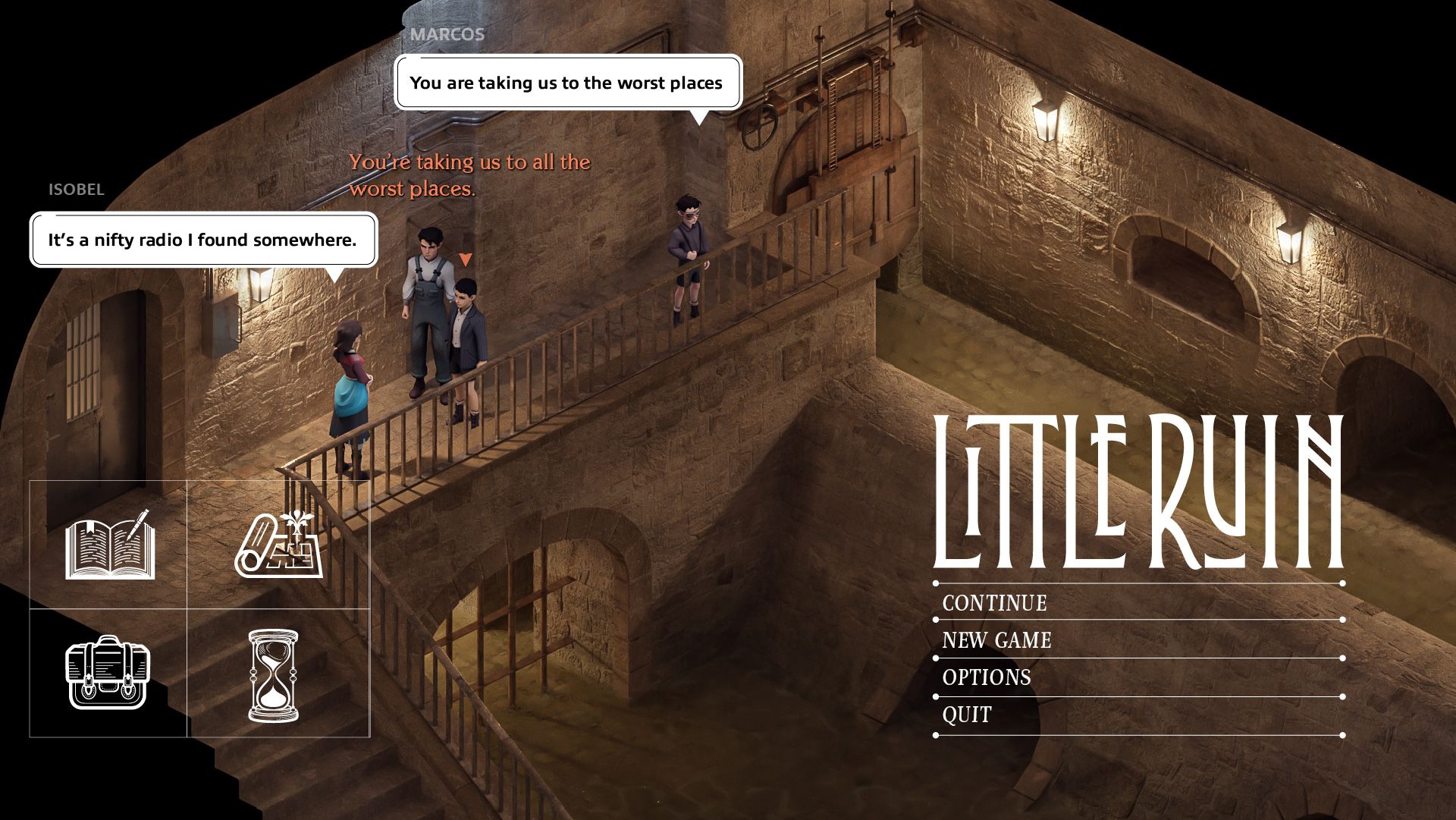 Game title screen for Little Ruin, showing pixel-art characters on a stone staircase in a dim castle interior.