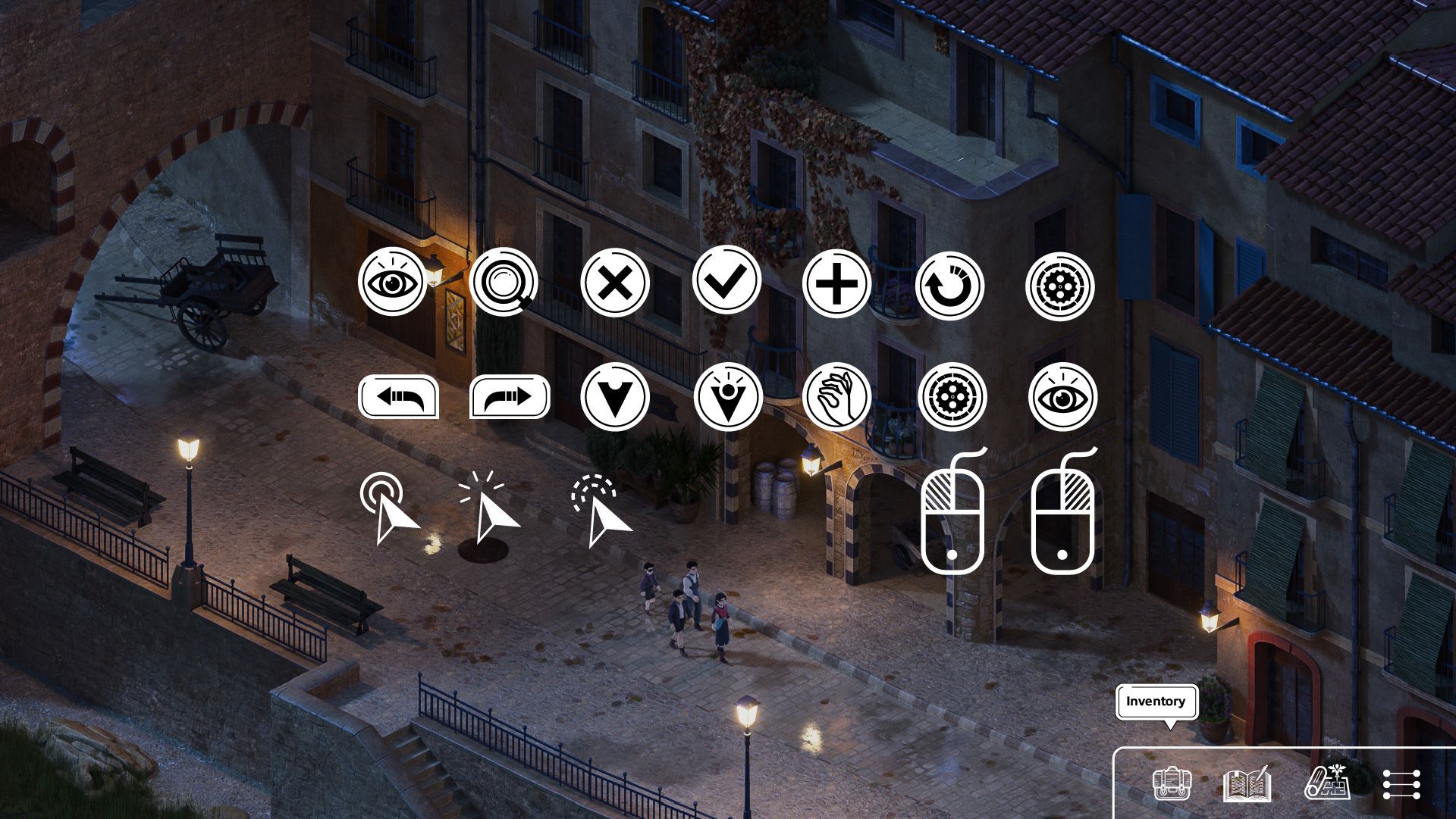 Nighttime street scene with overlaid game icons and a small interface in the lower right.