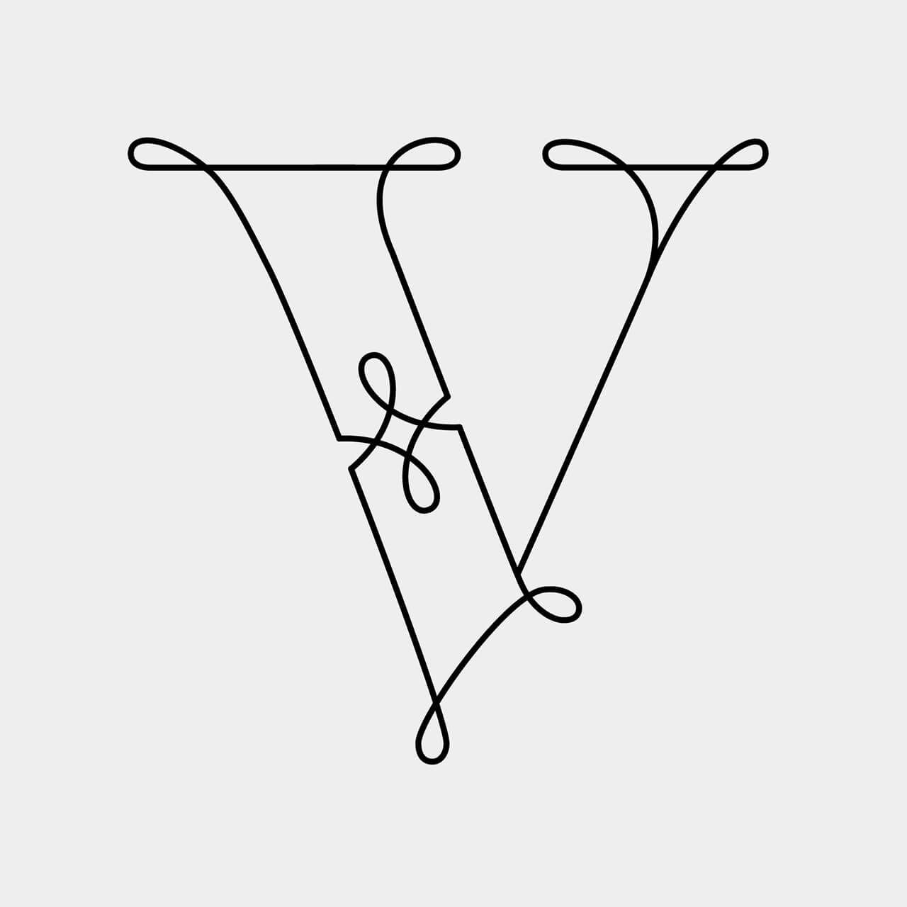 Green Fairy Font. Abstract black line drawing of a decorative letter V on a light gray background
