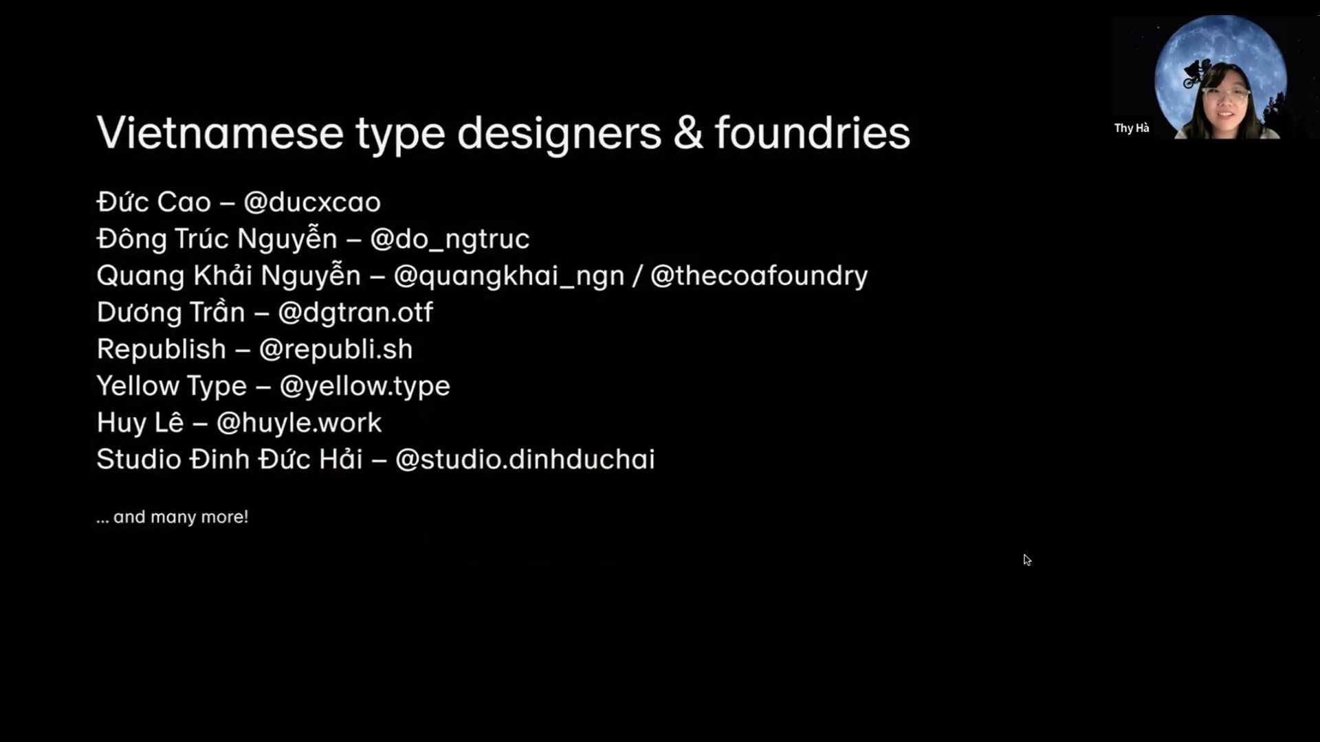 Slide on black background listing “Vietnamese type designers & foundries” with names in white text and a small profile photo in the top right.