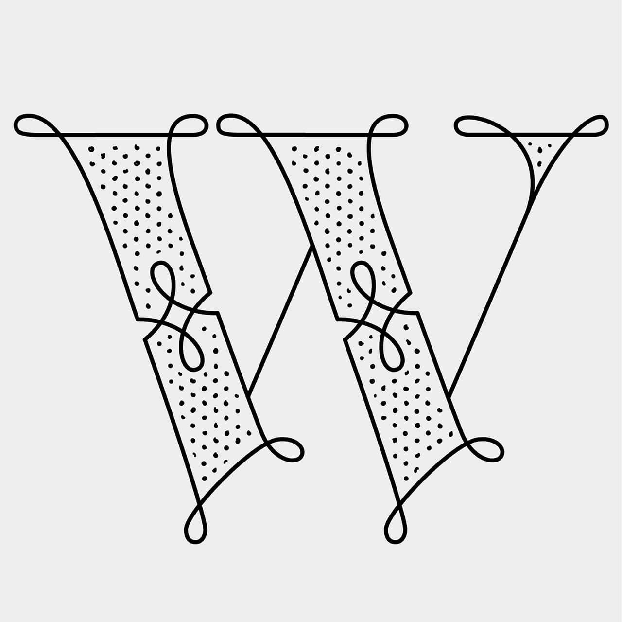 Green Fairy Font. Stylized black-and-white monogram logo with an ornate X-like letter design and linked center shapes. Three stylized black-outlined sail-like shapes with dotted shading, arranged side by side on white.
