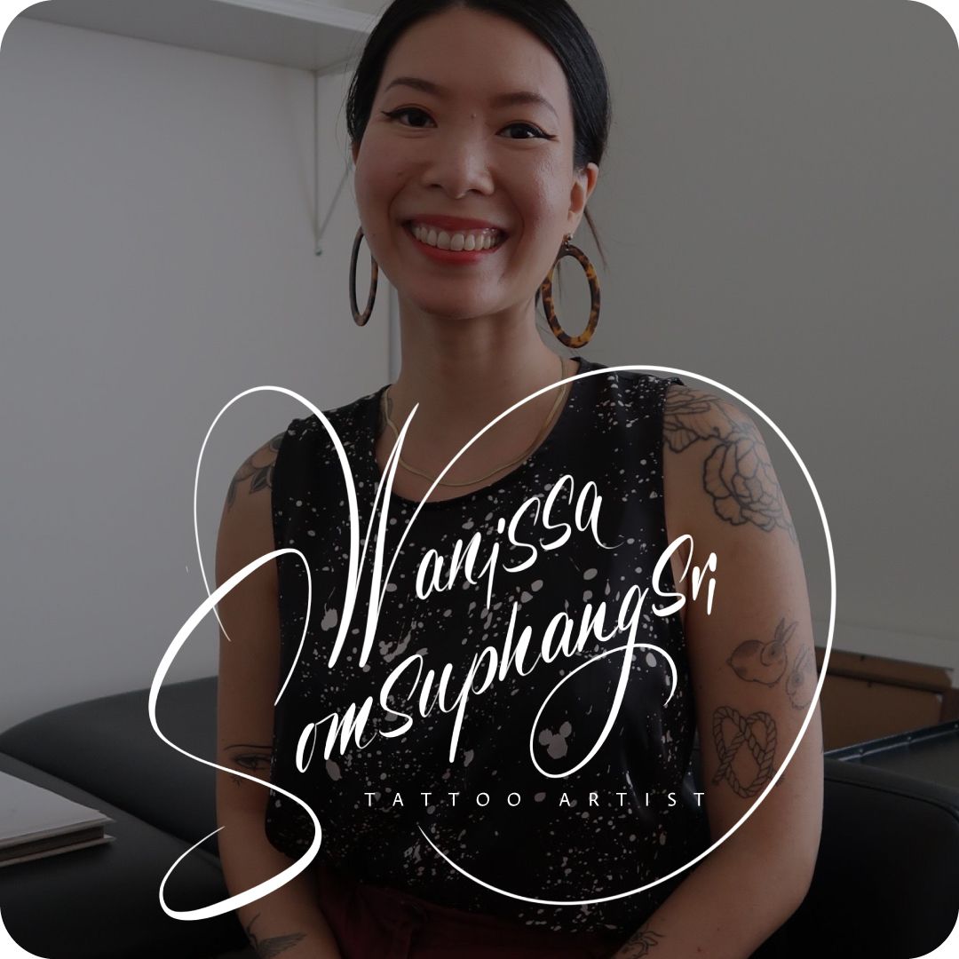 Wanissa seated indoors, with circular logo text overlay on the image