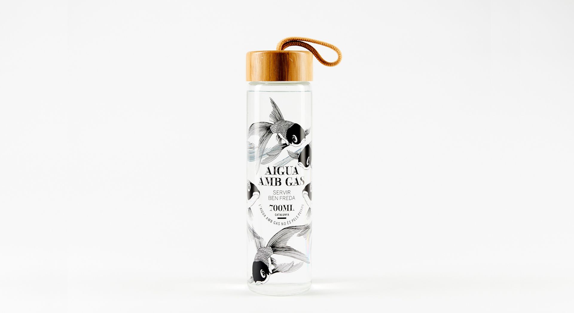 Clear glass water bottle with black floral design and wooden lid on a white background