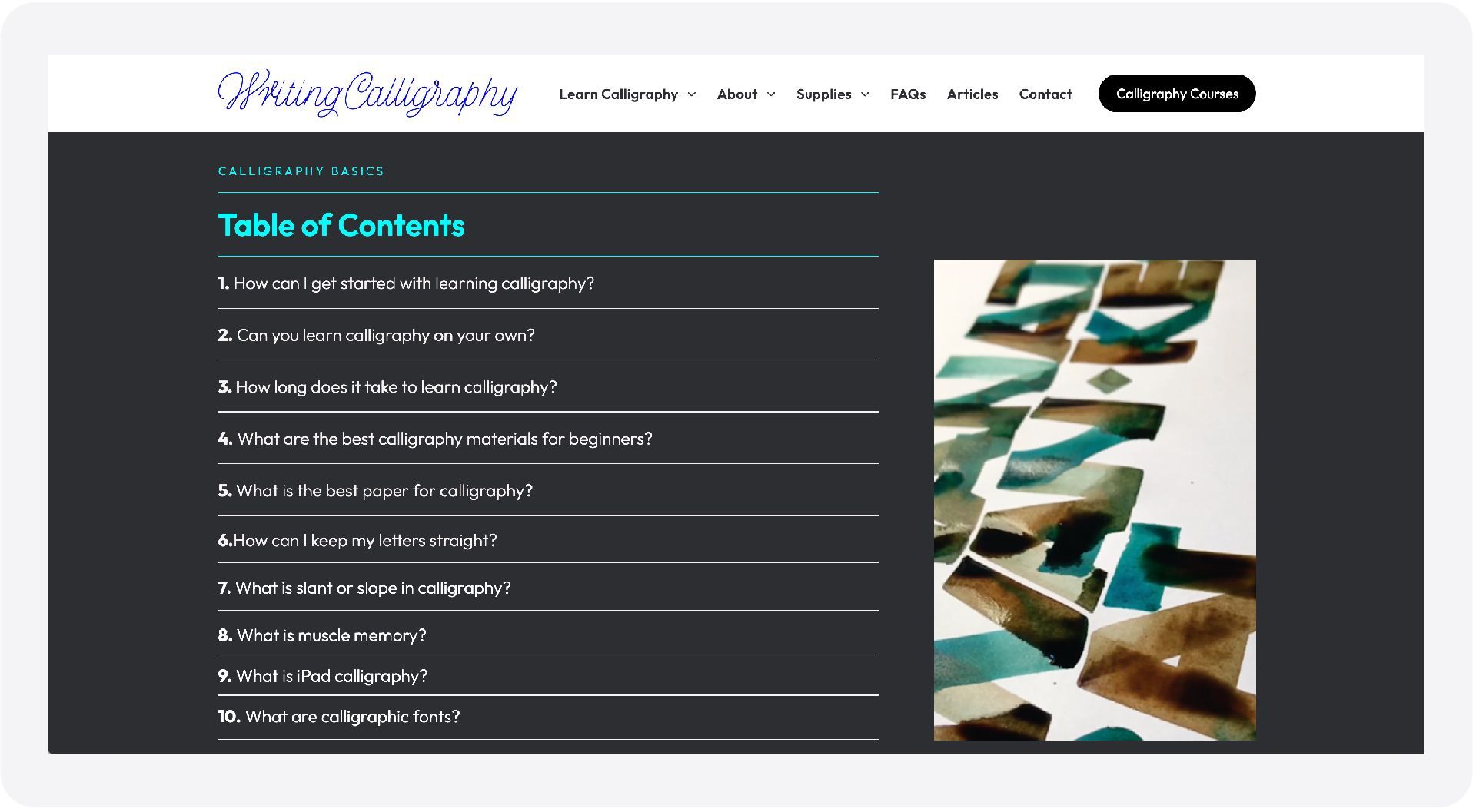 Website screenshot showing a dark table of contents panel beside an abstract geometric image
