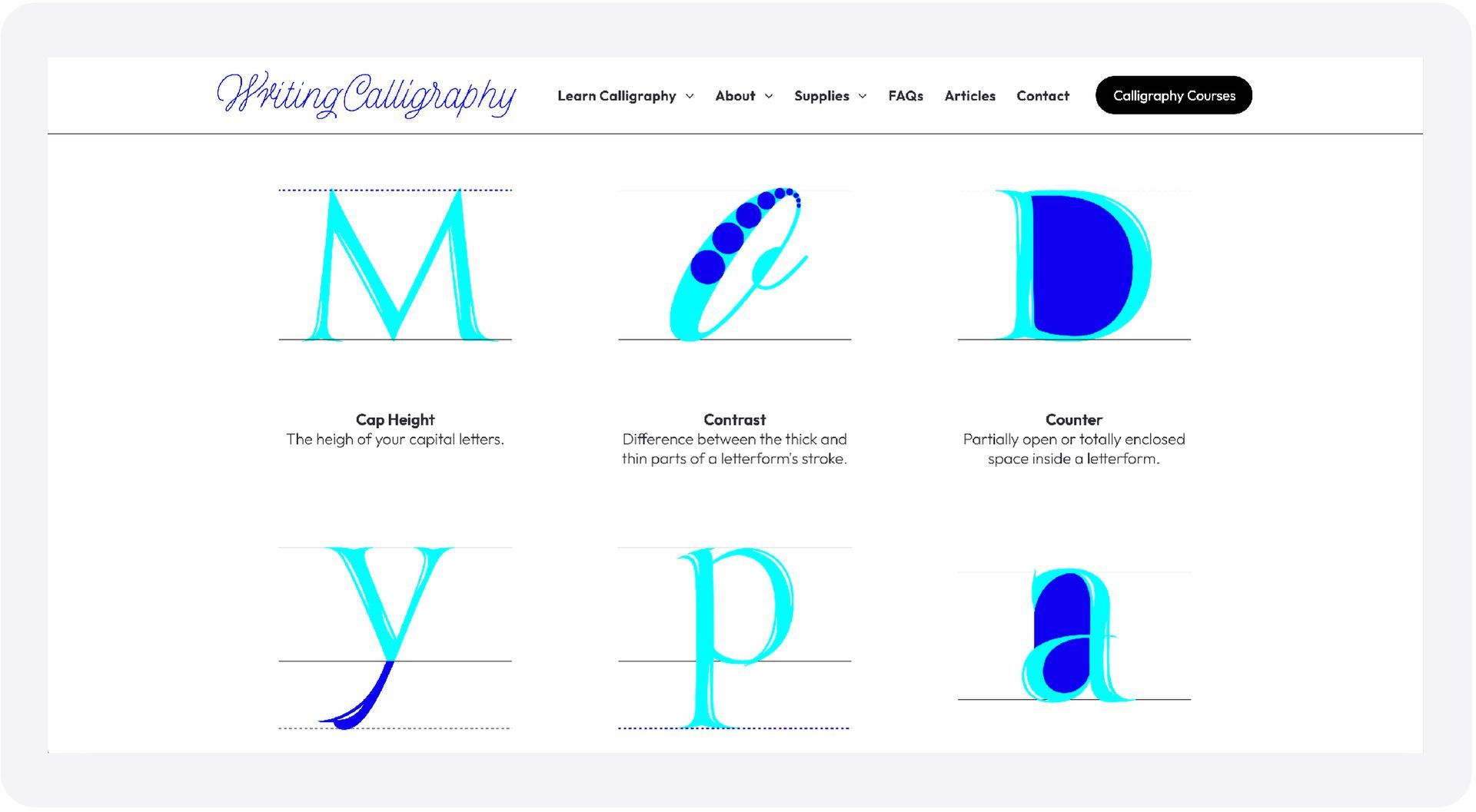 Stylized logo gallery webpage with turquoise and blue letters on a white background