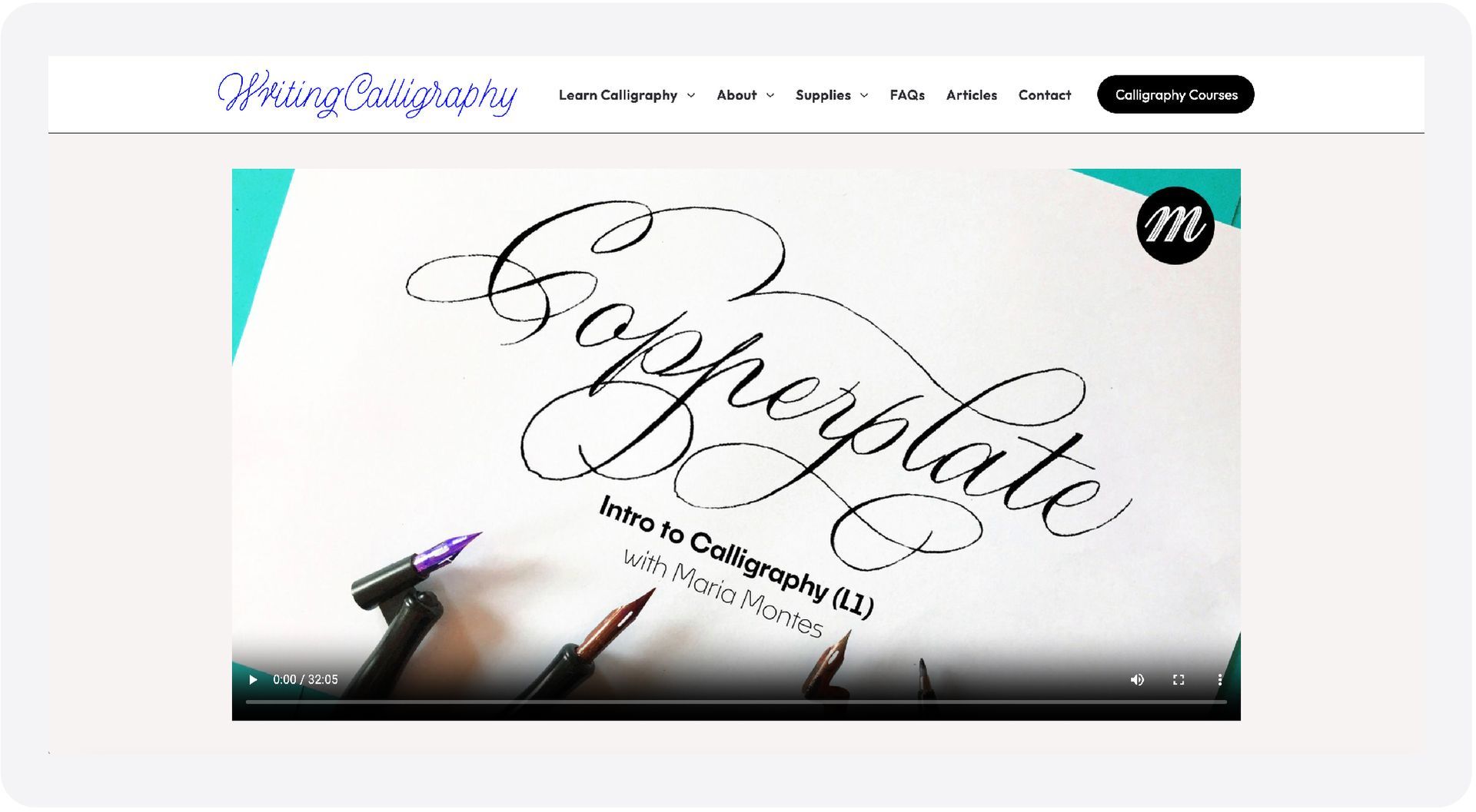 Website homepage with white background, turquoise accents, and elegant cursive logo in a banner image