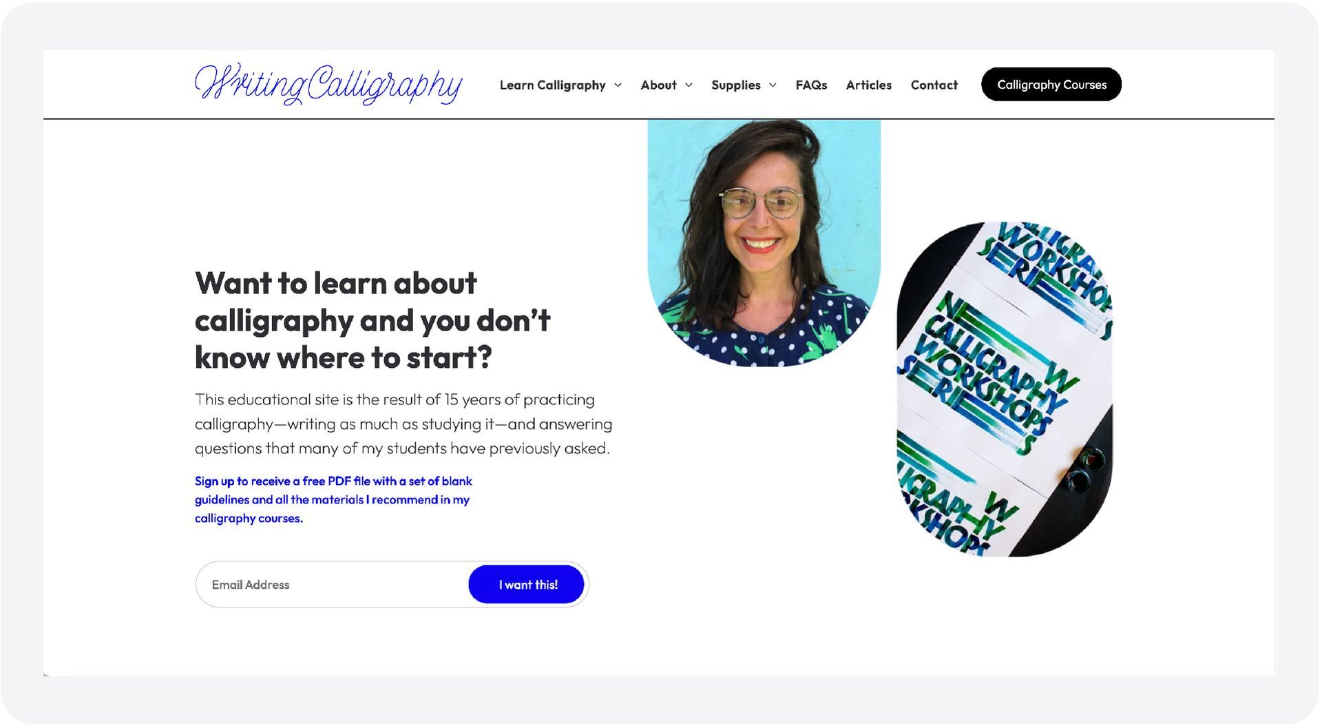 Website homepage promoting collage lessons with a smiling portrait of Maria Montes and product examples on a white background
