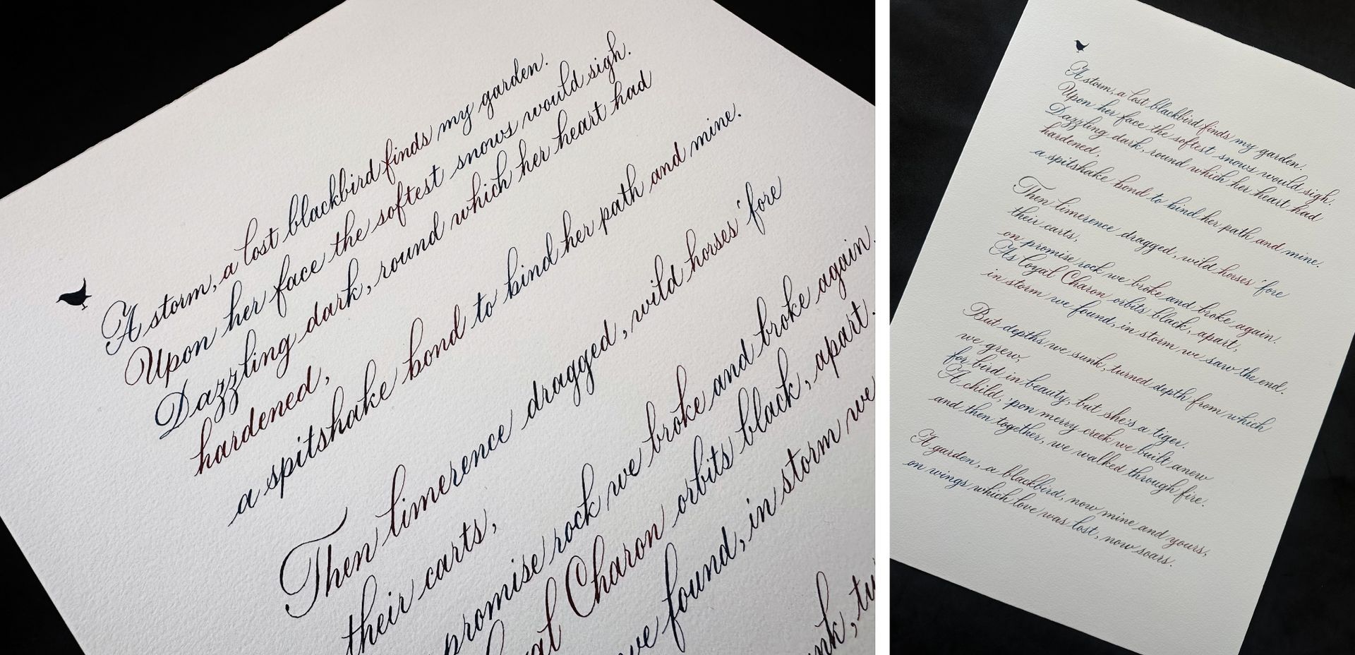 Two handwritten pages on white paper, shown at an angle on a light surface.