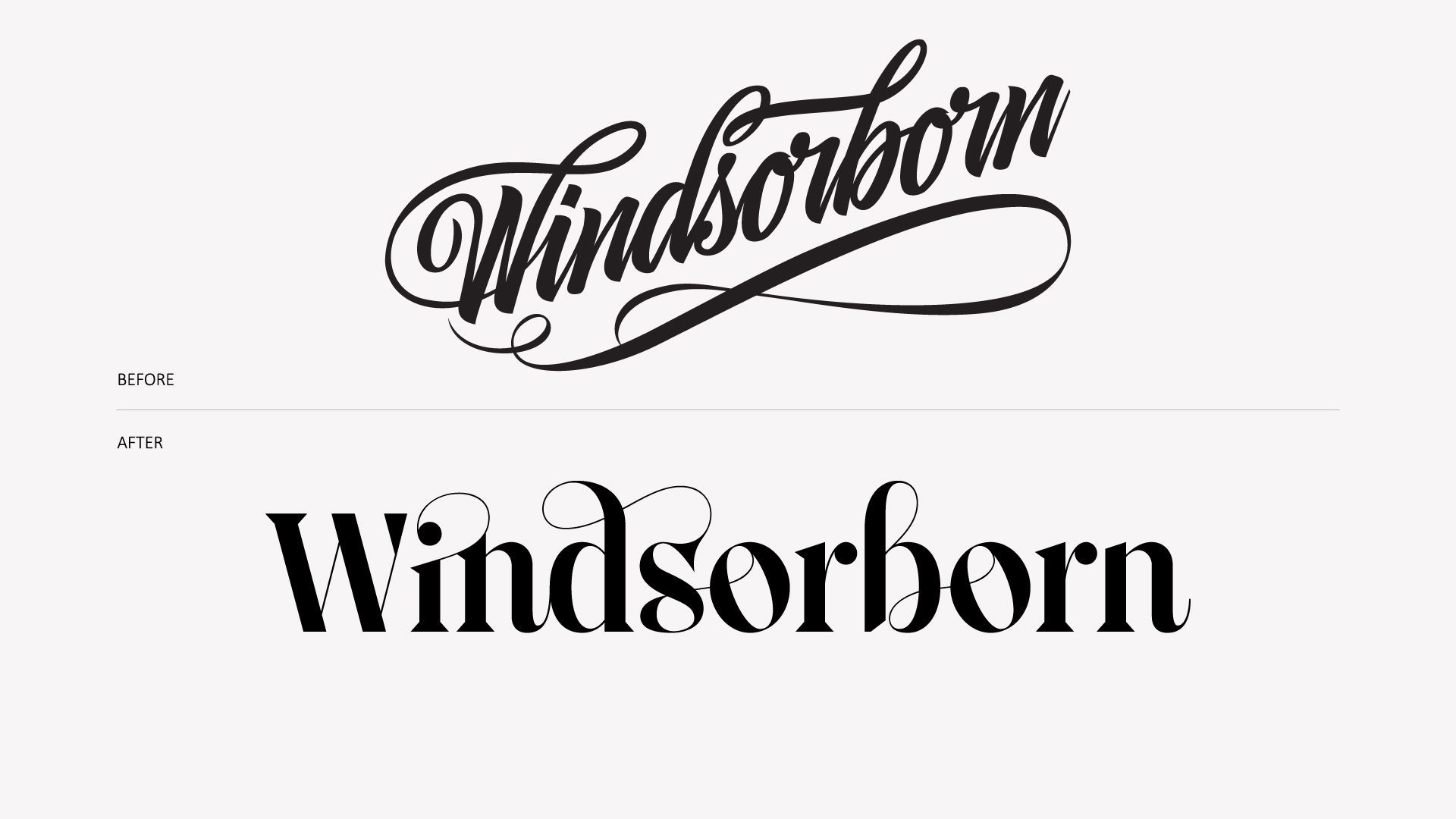 Two black “Windsorborn” wordmarks in script and bold serif fonts on a white background