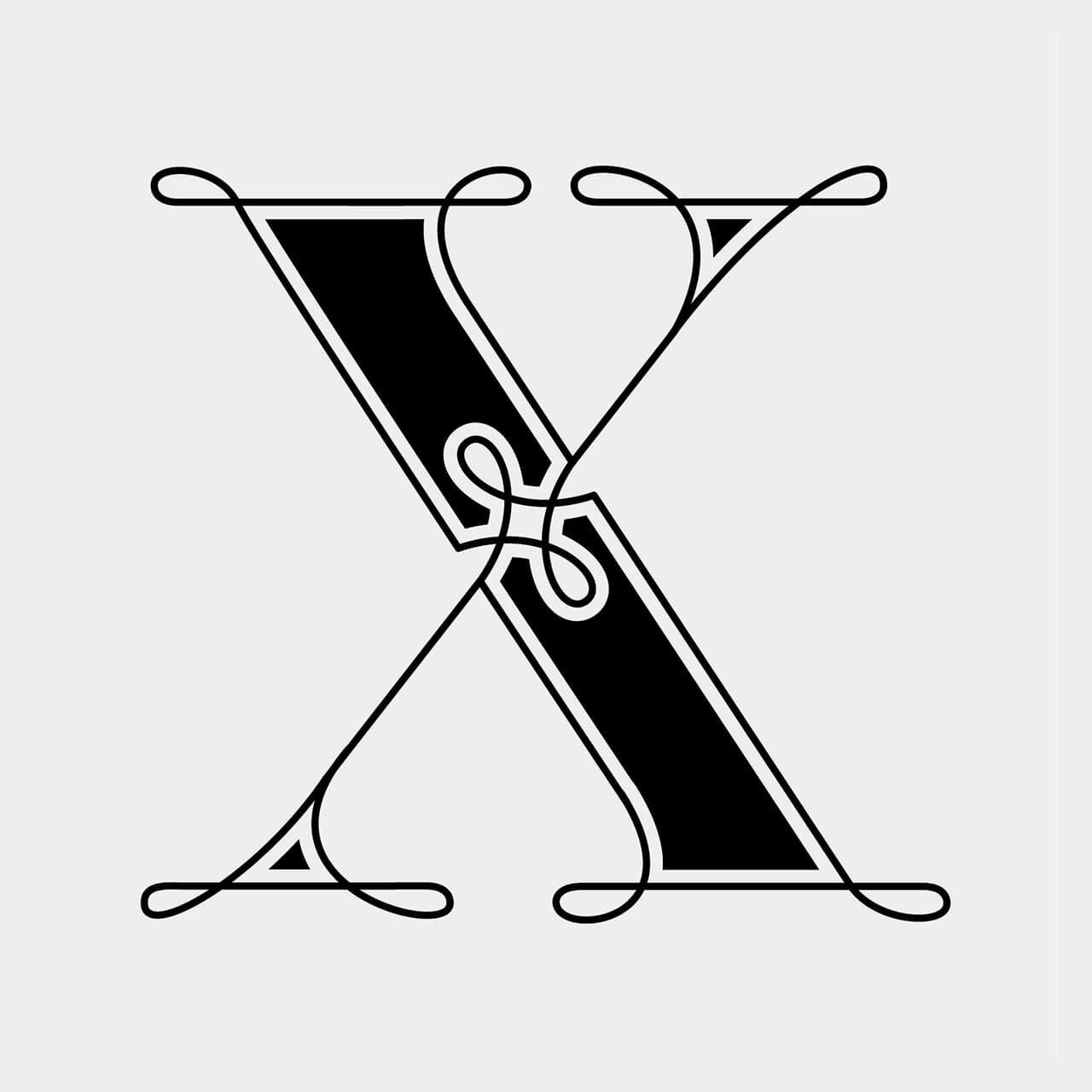 Stylized black-and-white monogram logo with an ornate X-like letter design and linked center shapes