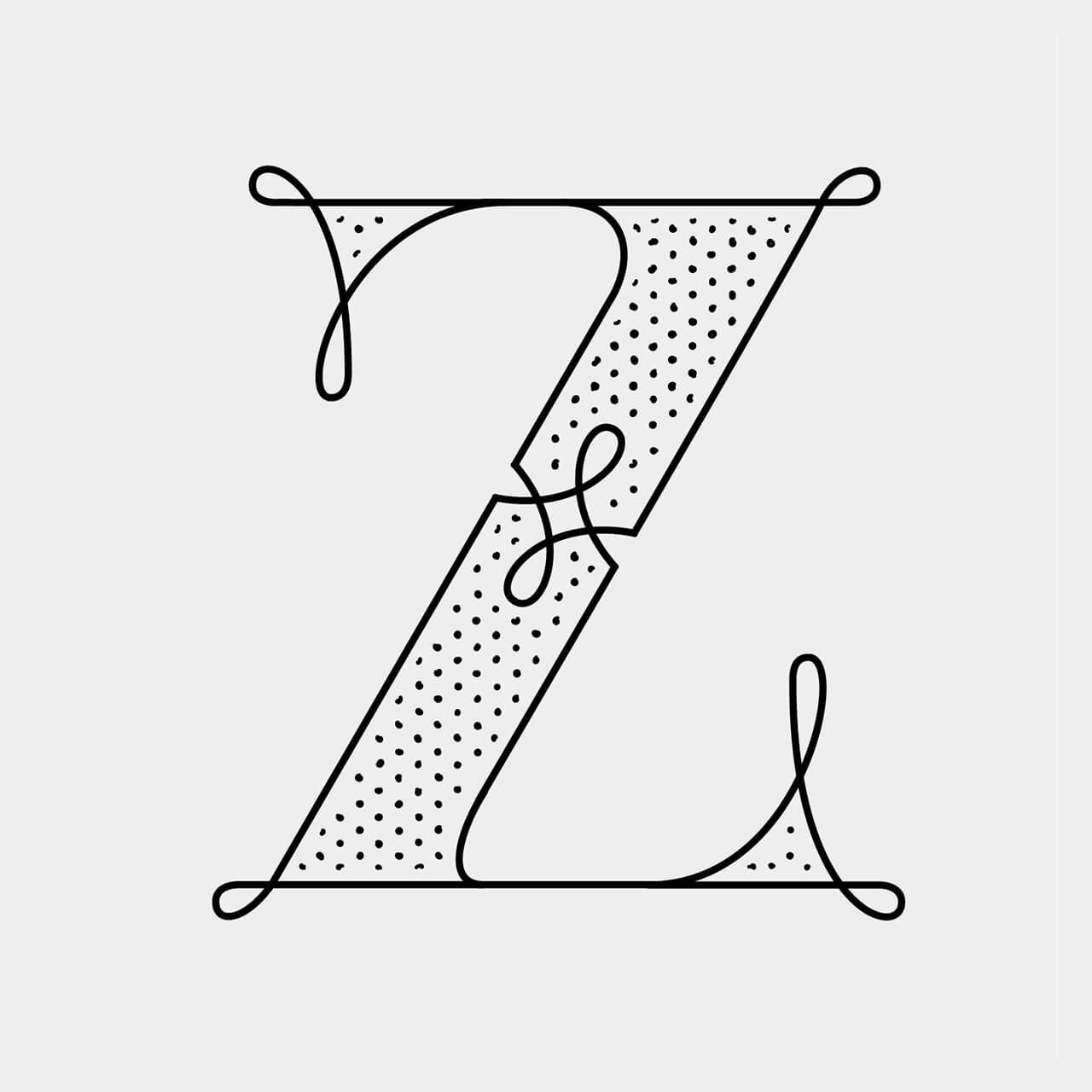Green Fairy Font. Stylized black-and-white monogram logo with an ornate X-like letter design and linked center shapes. Decorative black script letter Z with dotted fill on a light background