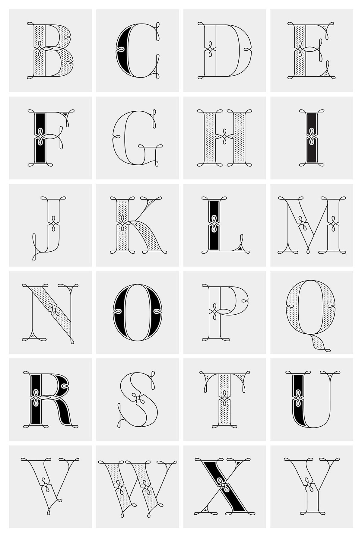Grid of black serif alphabet letters on white background, from B to Y.