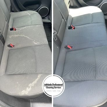 Before-and-after of a car's gray fabric back seat cleaning, showing stain removal.