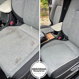 Before and after of a car seat cleaning. Gray and black seats, removing stains.