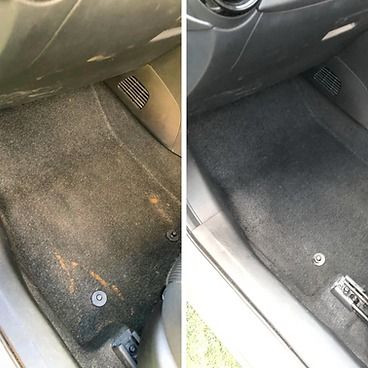 Car floor comparison: dirty, stained carpet on left, cleaned, dark carpet on right.