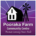 Logo: White house and windmill on purple background, "Pooraka Farm Community Centre".