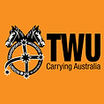 Logo of the Transport Workers Union. Two horses flank a wheel with an Australian flag, text: TWU Carrying Australia.